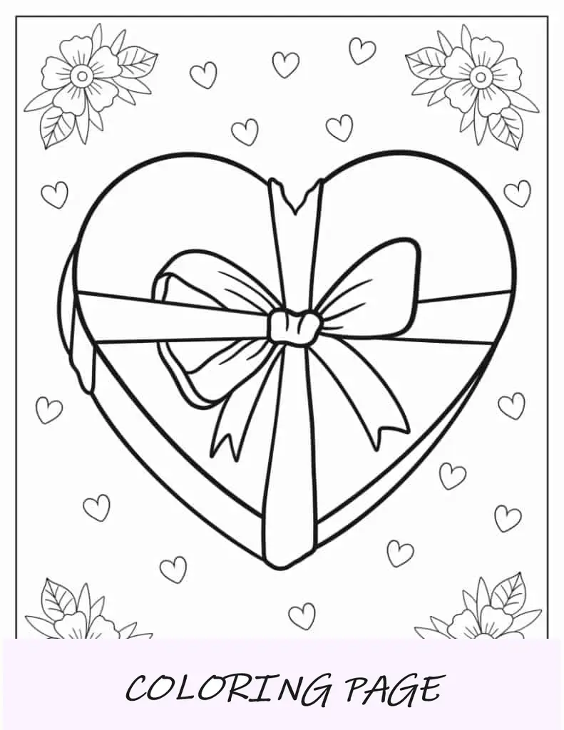 Regalo en forma de corazón con lazo para colorear para niños