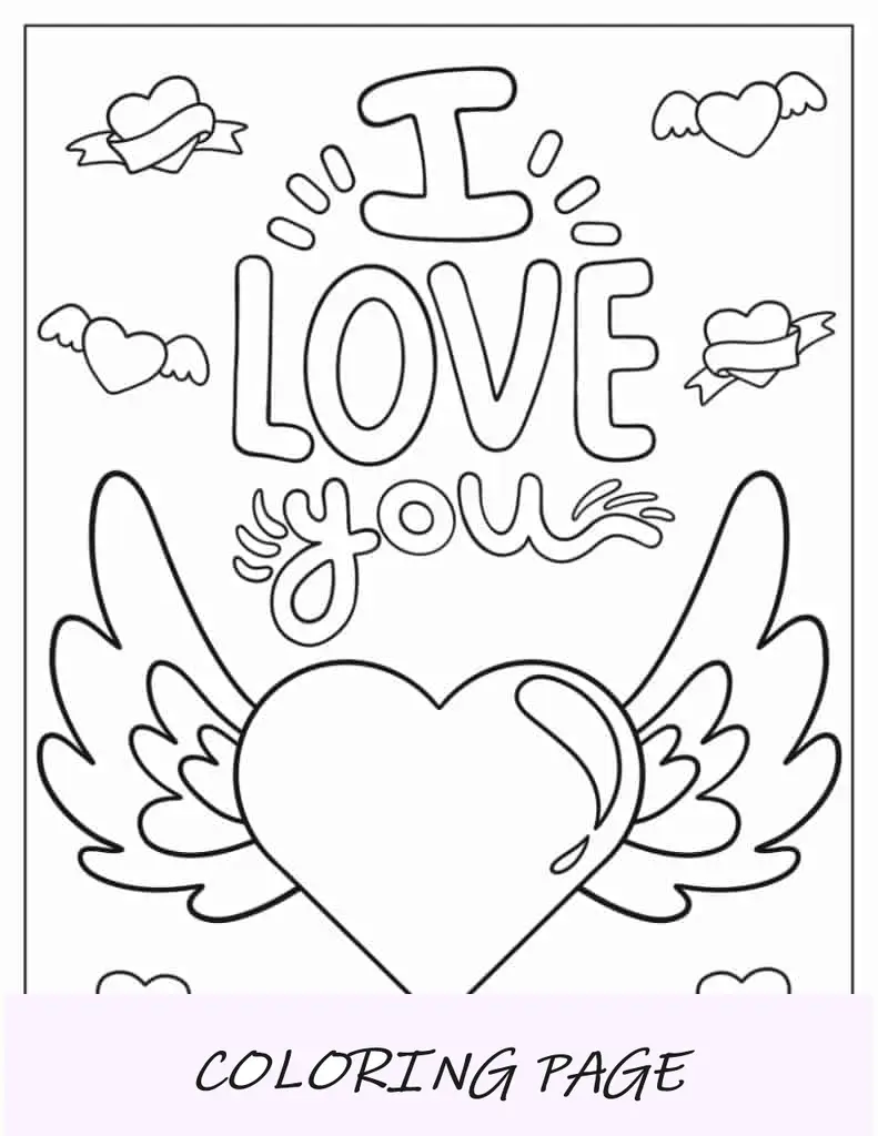 Lindo Corazón Con Alas Y Te Amo Página Para Colorear