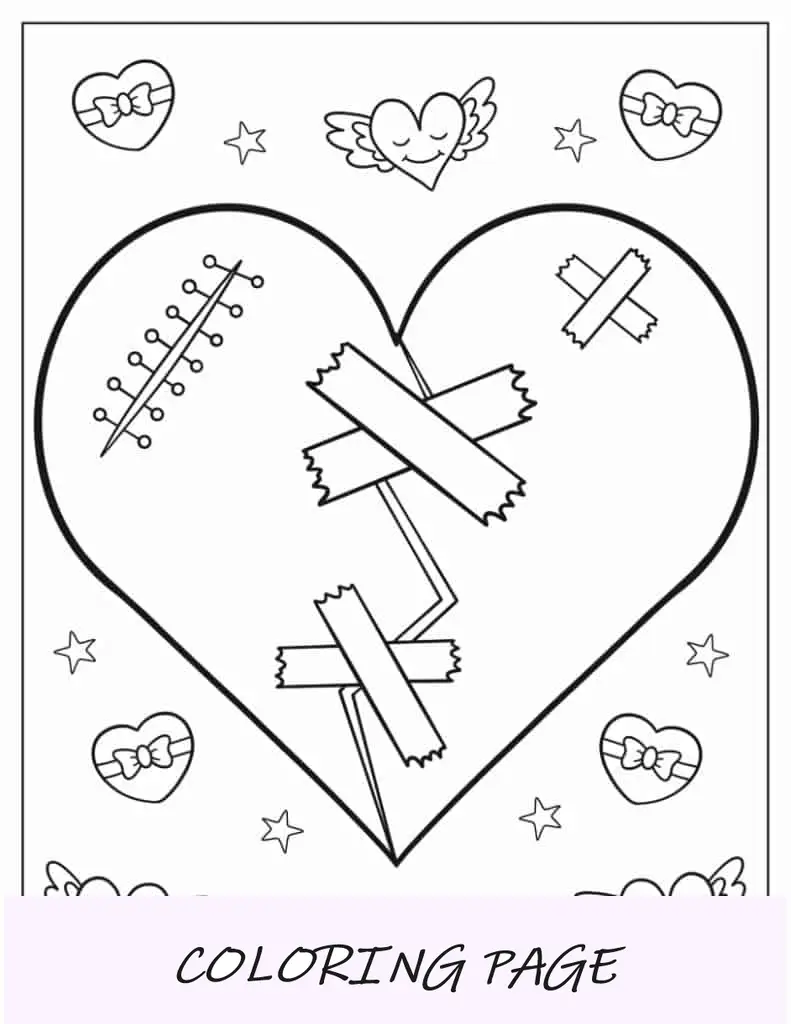 Corazón roto reparado con puntos y cintas