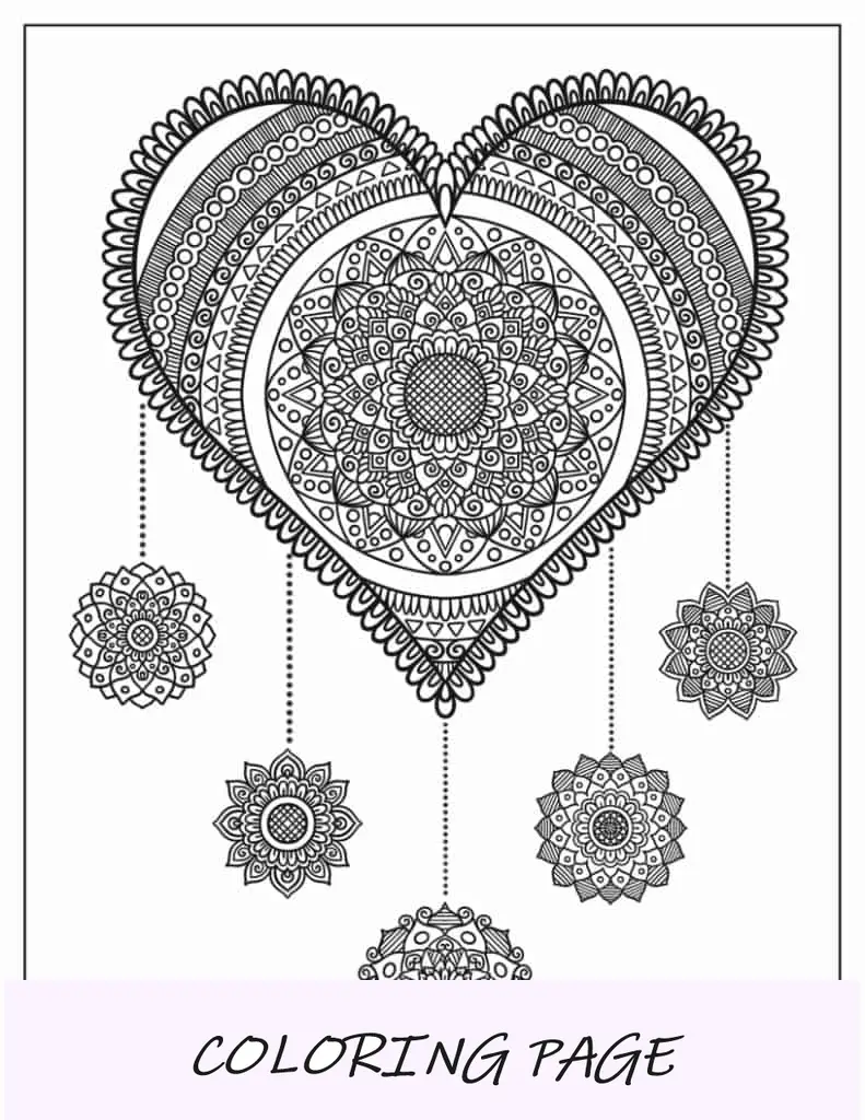 Hoja para colorear de mandala de corazón atrapasueños