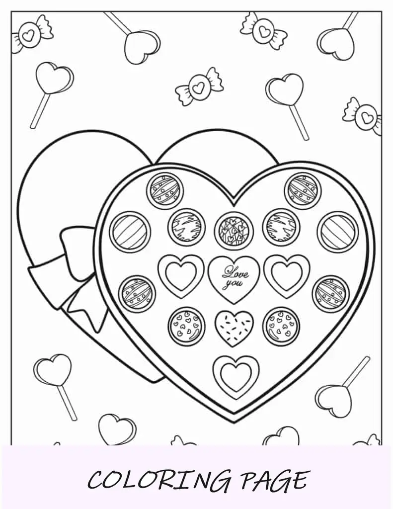 Hoja para colorear de caja de chocolates en forma de corazón