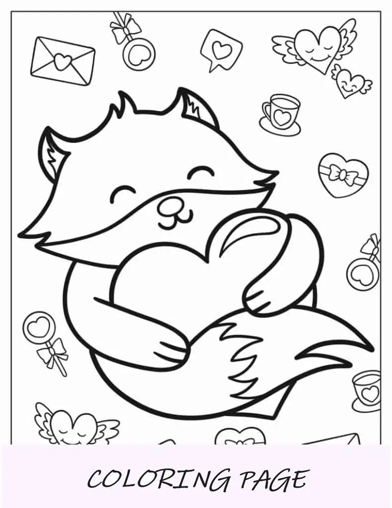 Hoja para colorear de zorro abrazando el corazón