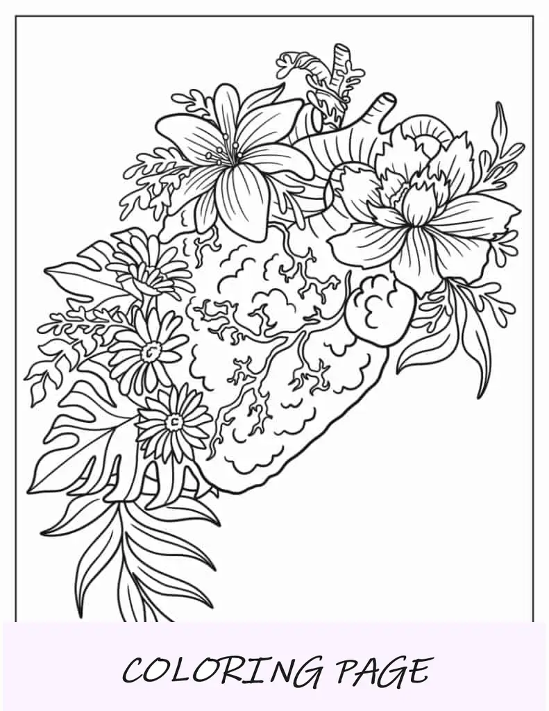 Página para colorear de corazón realista con flores