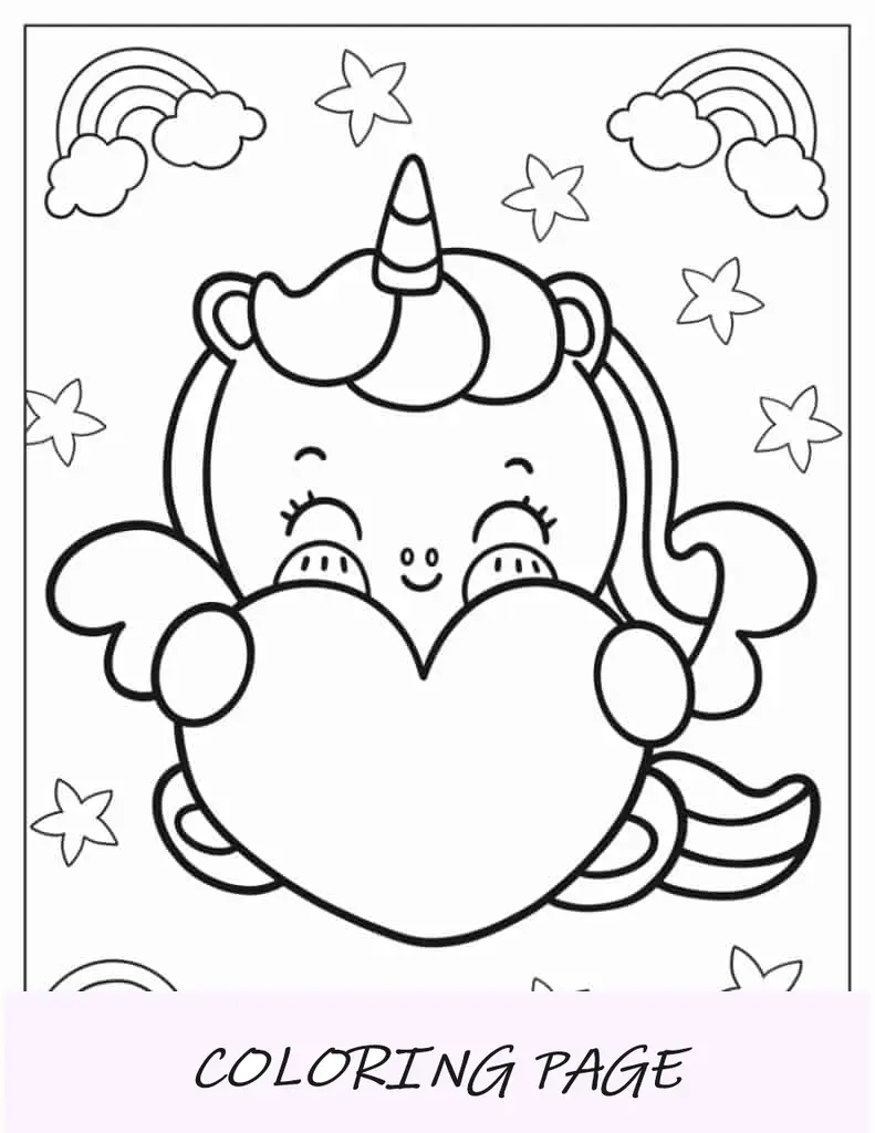 Unicornio Kawaii Abrazando Corazon Para Colorear