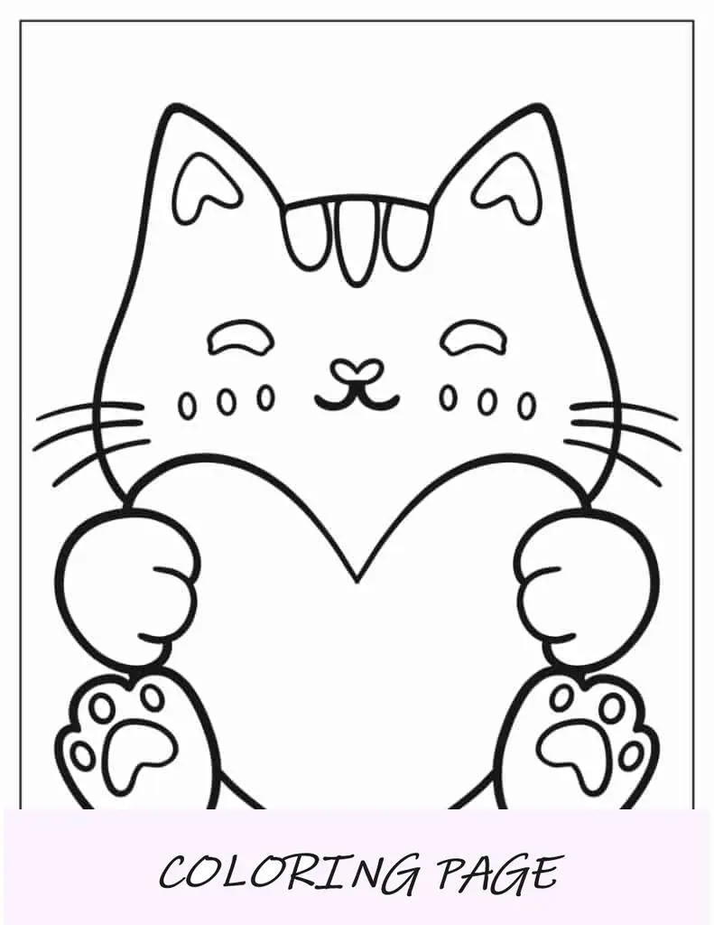 Esquema simple de un gato abrazando un corazón para niños en edad preescolar