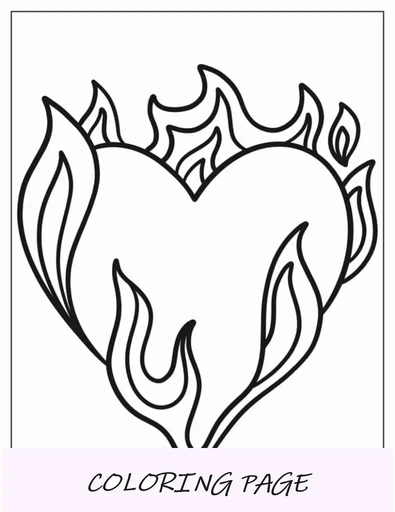 Hoja para colorear de corazón en llamas