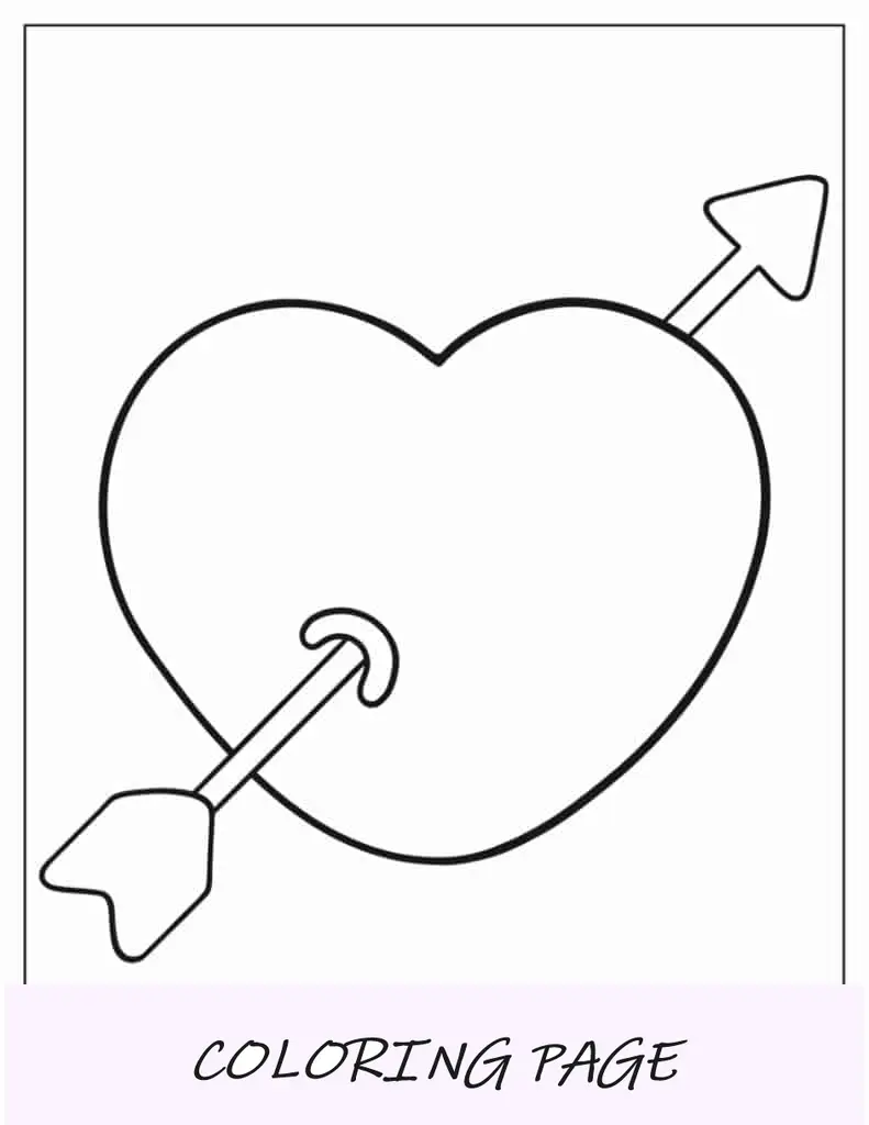 Página para colorear fácil de un corazón atravesado por una flecha