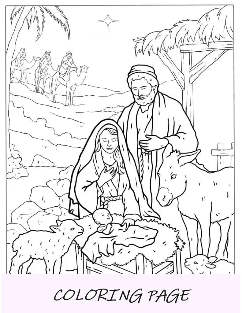 Nascita di Gesù con la Vergine Maria da colorare