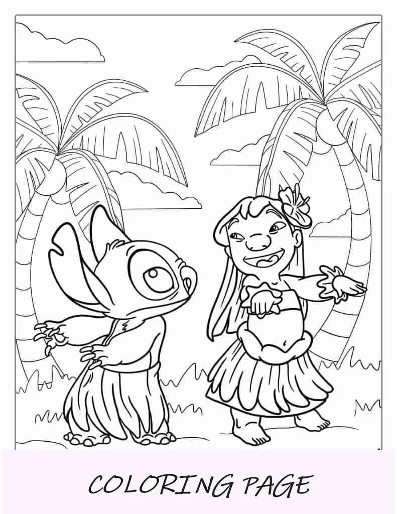 Lilo mostrando a Stitch como dançar Hula para colorir