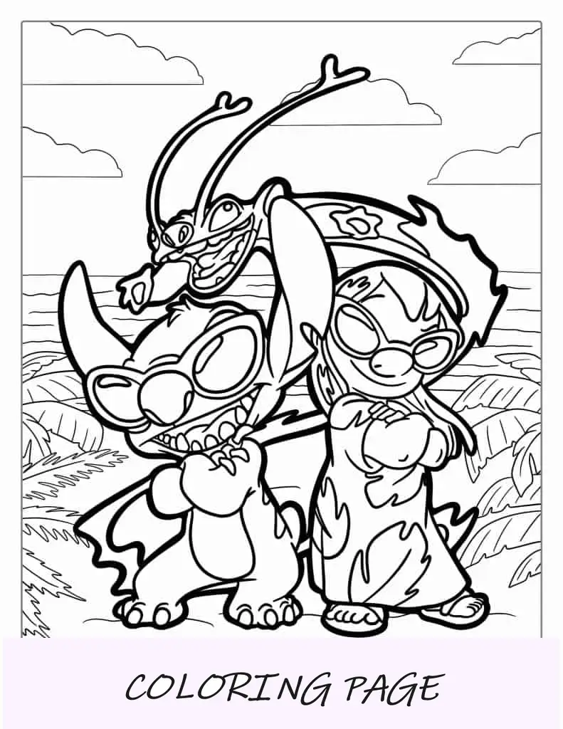 Desenho de Lilo e Stitch com Reuben para colorir