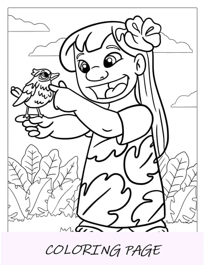 Desenho de Lilo segurando um passarinho para colorir
