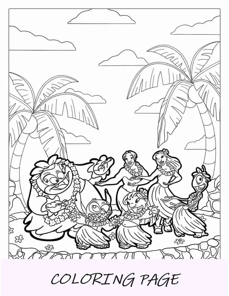 Lilo e Stitch com amigos dançando Hula