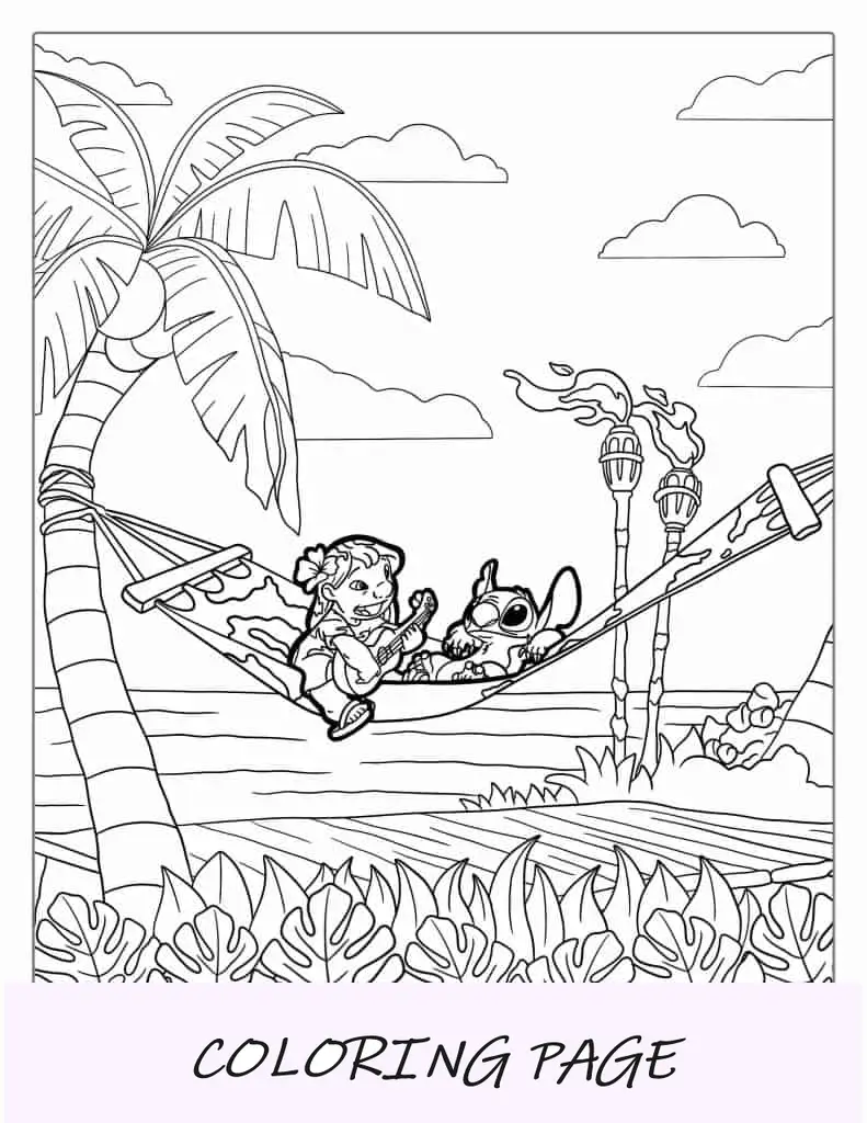 Desenho de Lilo e Stitch tocando guitarra em uma rede para colorir