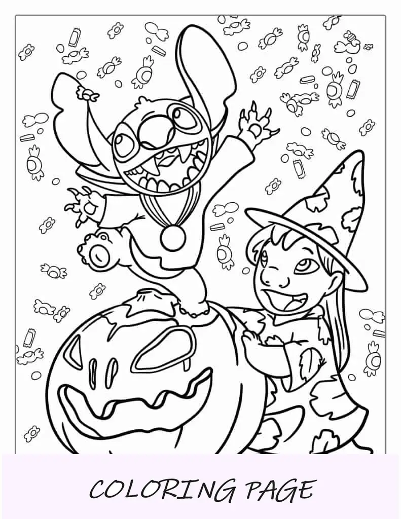 Folha para colorir Lilo e Stitch com tema de Halloween