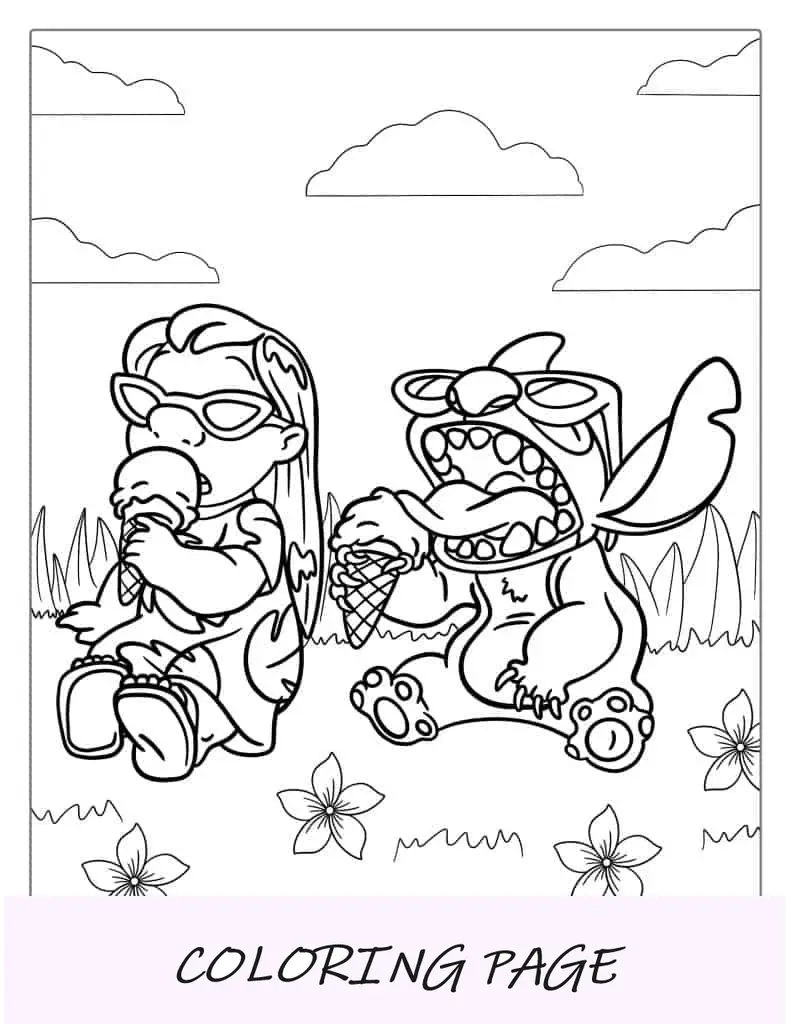 Desenho para colorir de Lilo e Stitch tomando sorvete