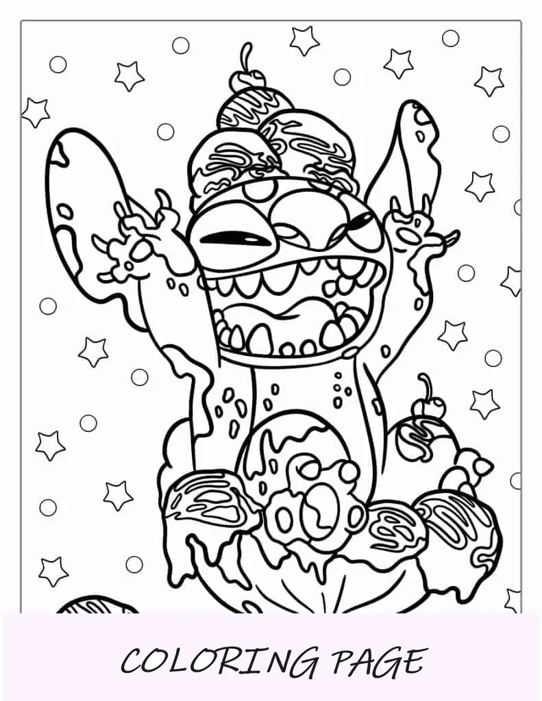 Stitch brincando em uma tigela de sorvete para colorir