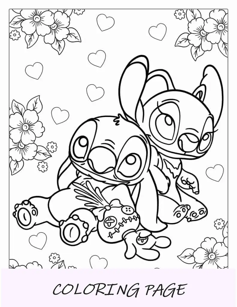 Página para colorir de Scrump, Stitch e Angel