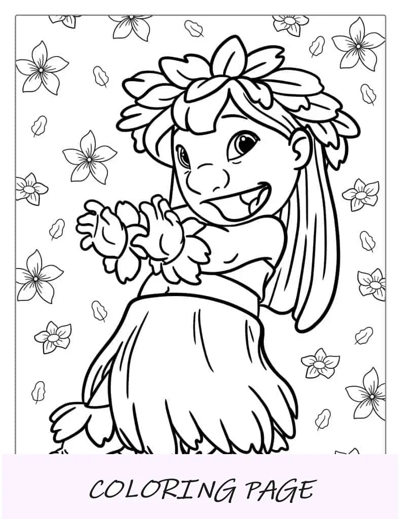 Página para colorir de Lilo fazendo Hula com saia de grama