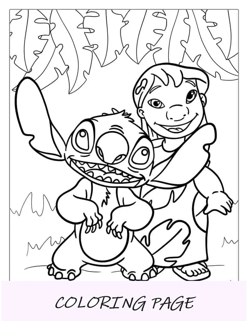 Desenho para colorir de Lilo e Stitch com folhas de bananeira