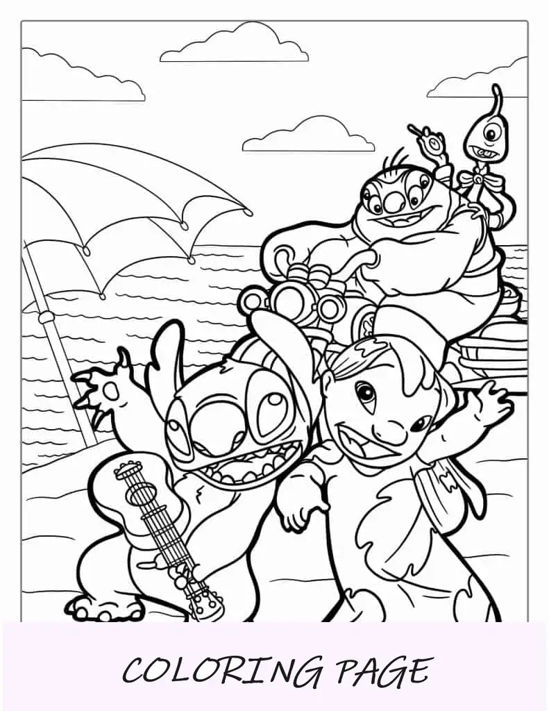 Desenho para colorir de Lilo e Stitch na praia com Jumba e Pleakley