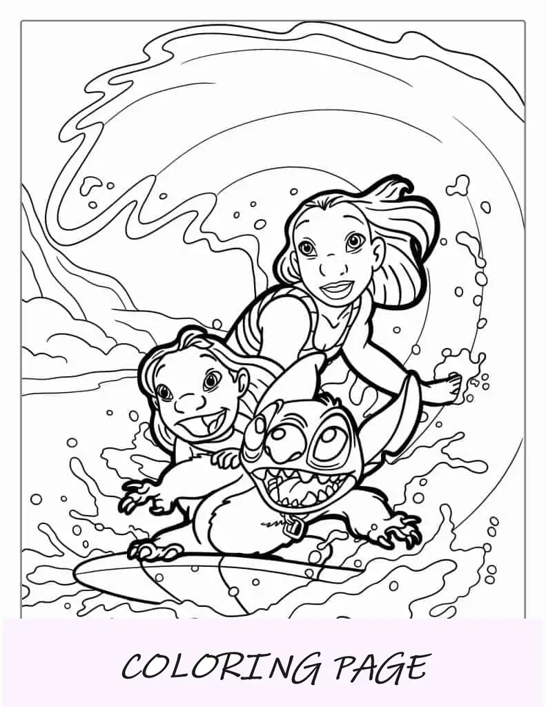 Lilo, Stitch e Nani Pelekai andando de prancha de surf