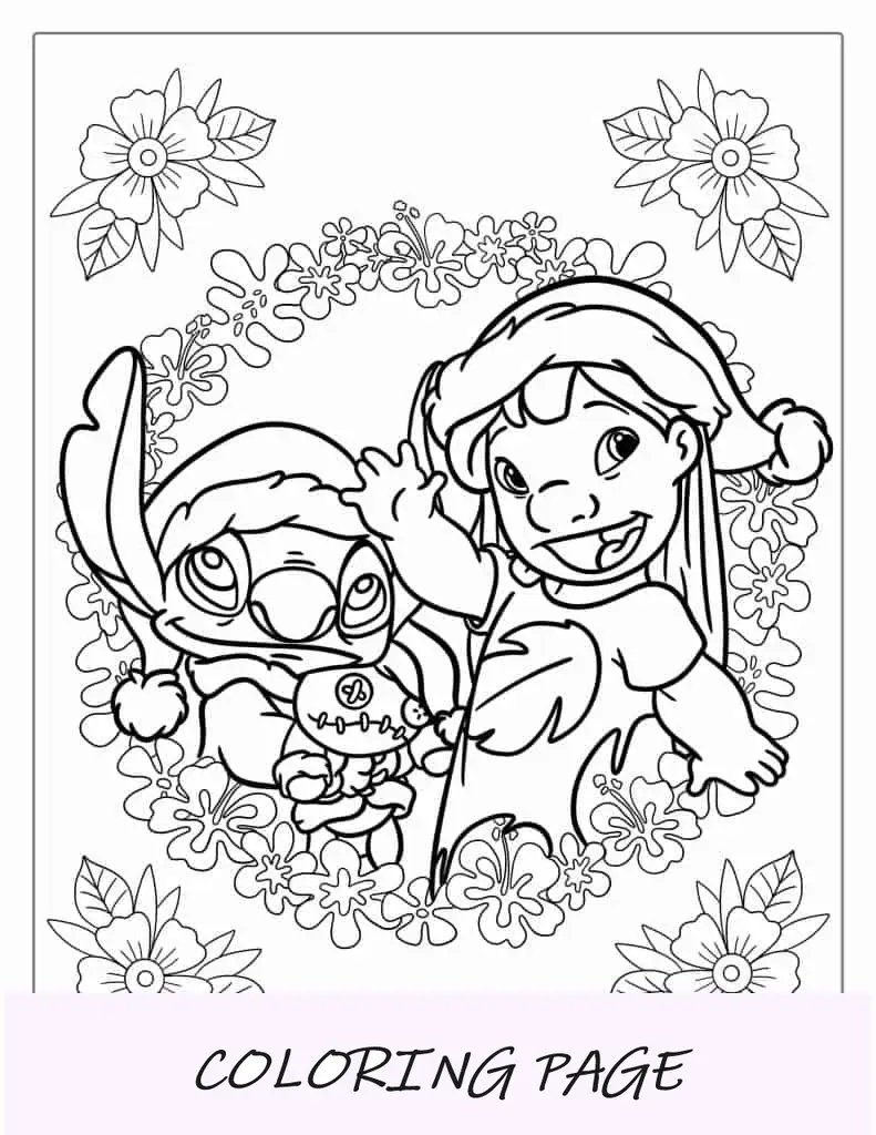 Página para colorir Lilo e Stitch com tema de Natal
