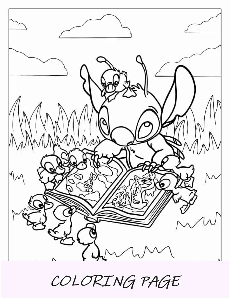 Página para colorir Stitch lendo um livro Do Duckings