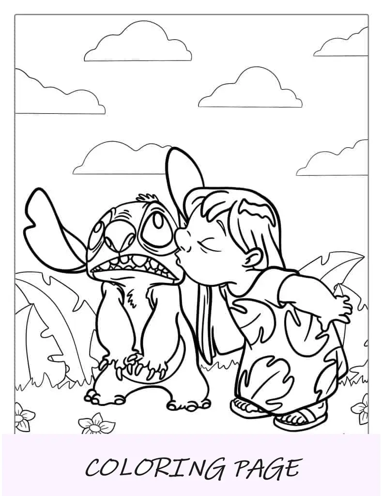 Lilo Kissing Stitch no cheque para colorir