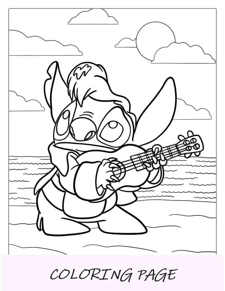 Folha para colorir de Elvis Stitch tocando guitarra