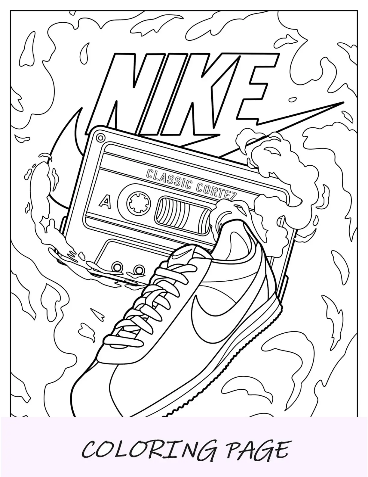 Página para colorir da Nike de pôster de tênis com fita cassete