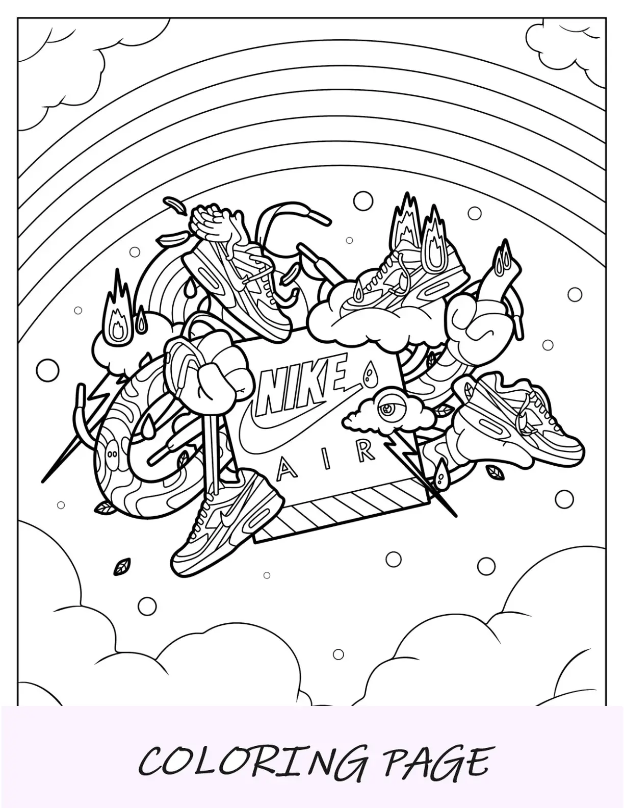 Página para colorir da Nike de tênis aéreos com asas hippie e arco-íris