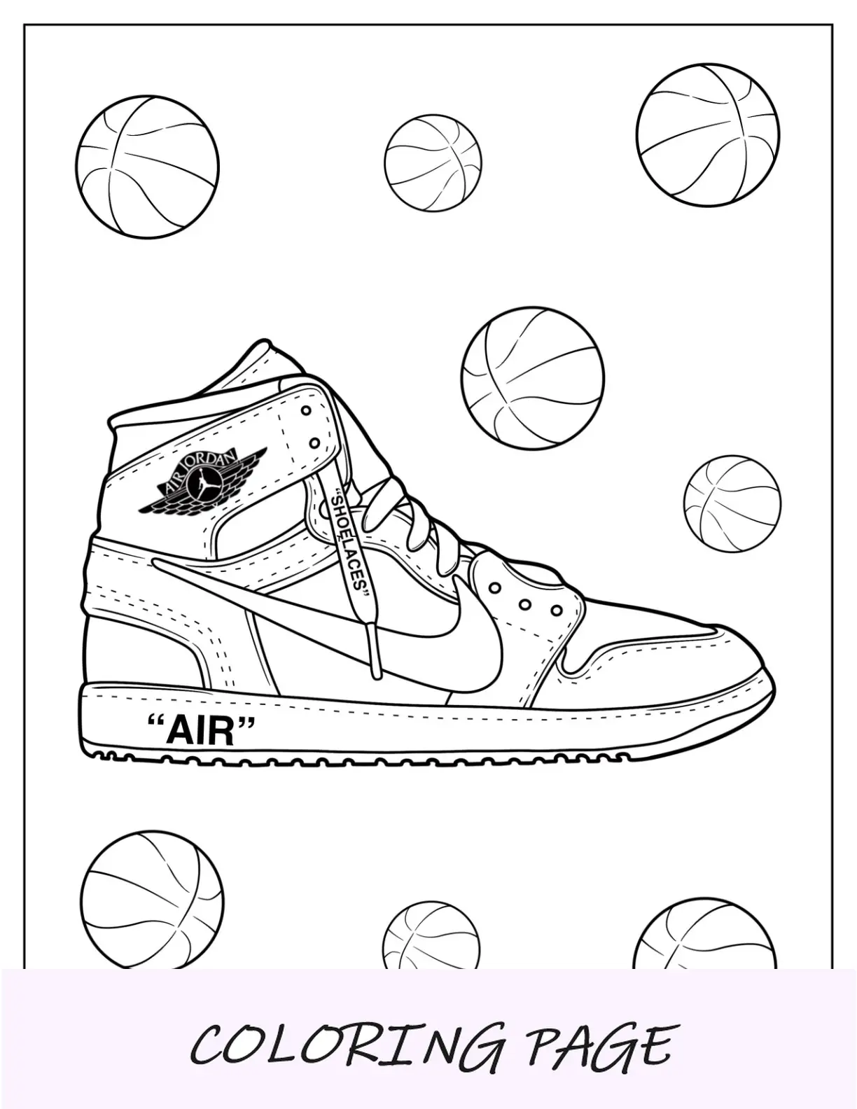 Página para colorir da Nike de Air Jordan realista com basquete ao fundo