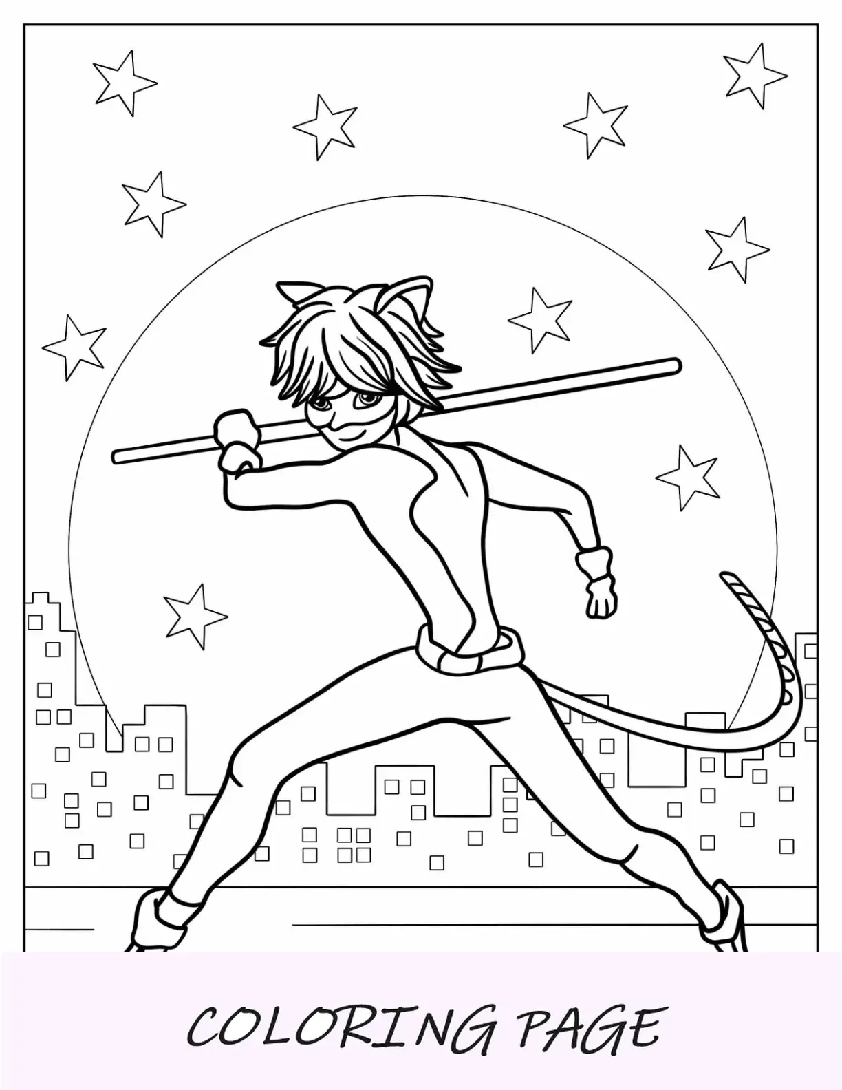 Página para colorir de joaninha milagrosa de Cat Noir lutando usando cajado