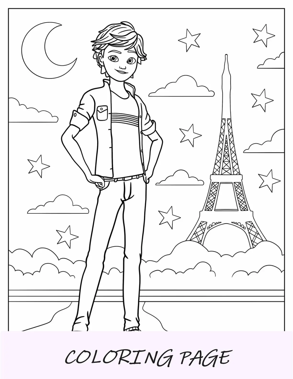 Página para colorir de joaninha milagrosa de Adrien Agreste em frente à Torre Eiffel