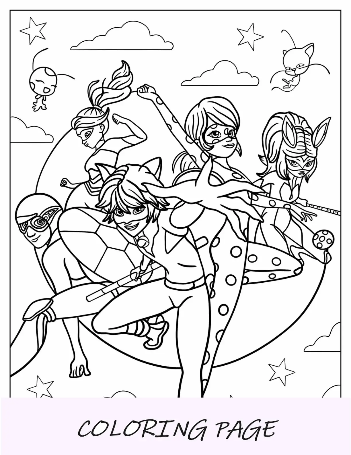Página para colorir de Cat Noir, Rena Rouge, Abelha Rainha, Carapaça e Joaninha Milagrosa