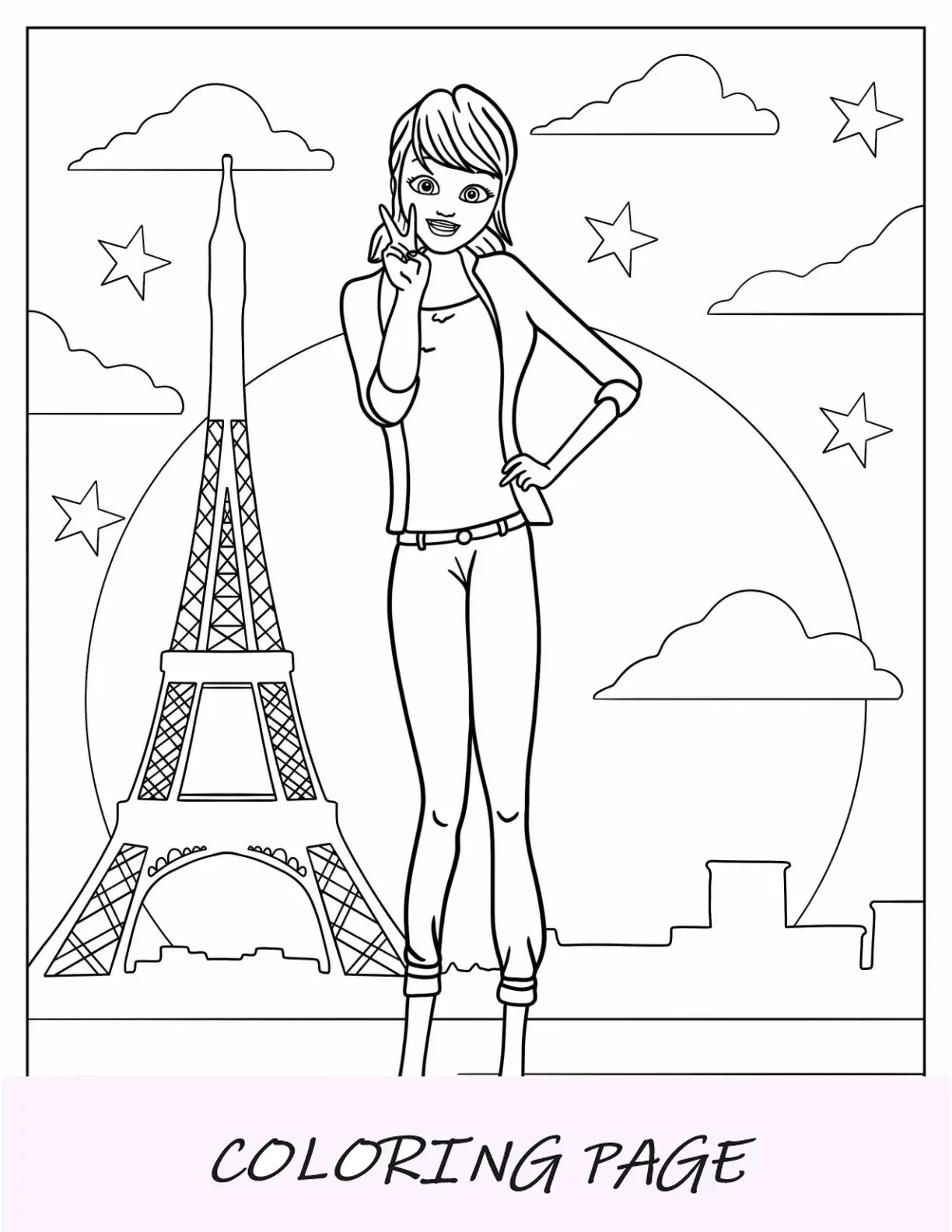 Página para colorir de joaninha milagrosa em frente à Torre Eiffel à noite