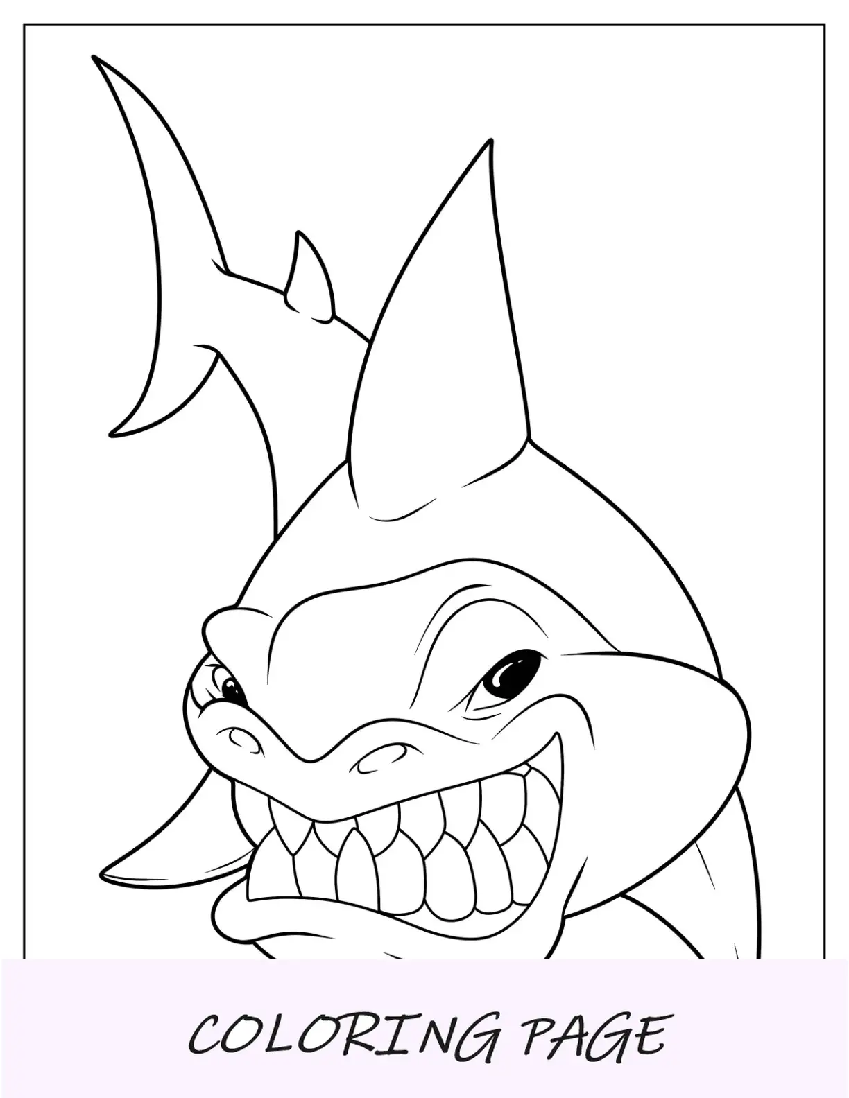 Página para colorear de tiburón de dibujos animados aterrador mostrando los dientes