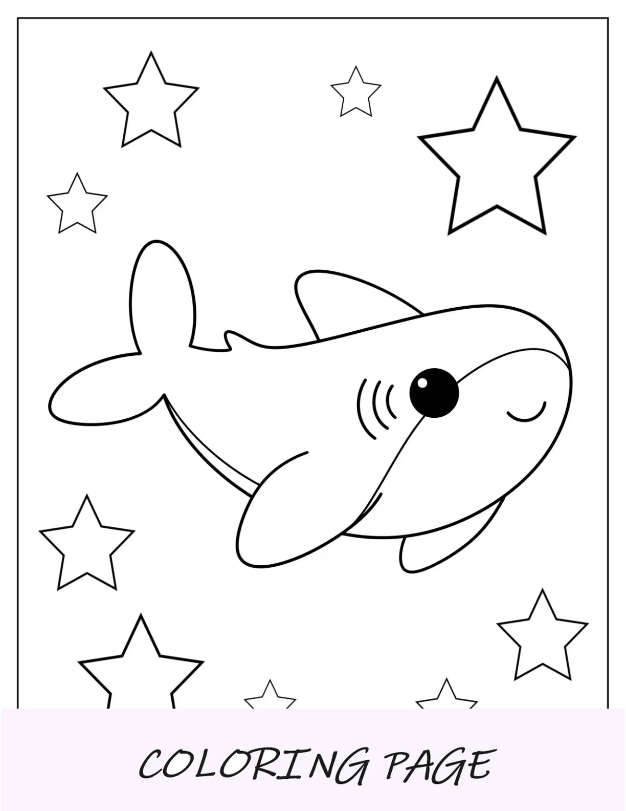 Página para colorear de tiburón Chibi con estrellas