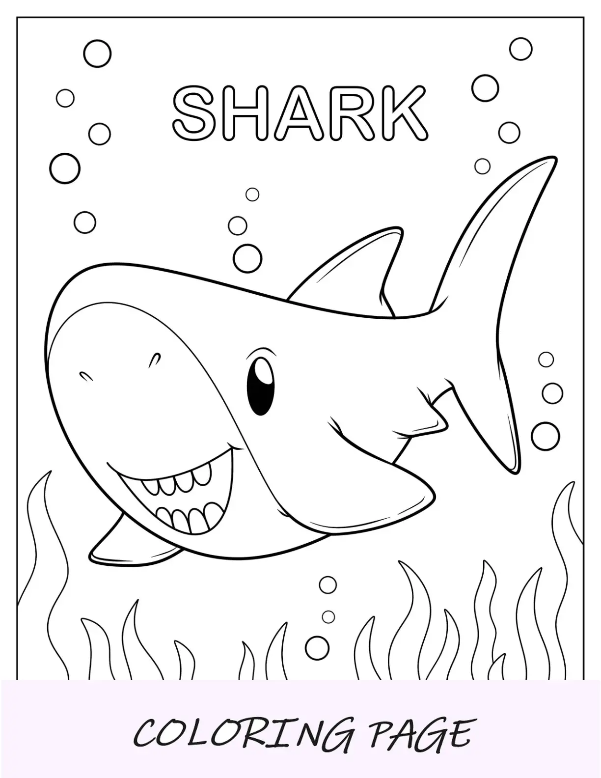 Página para colorear de tiburón Chibi con algas