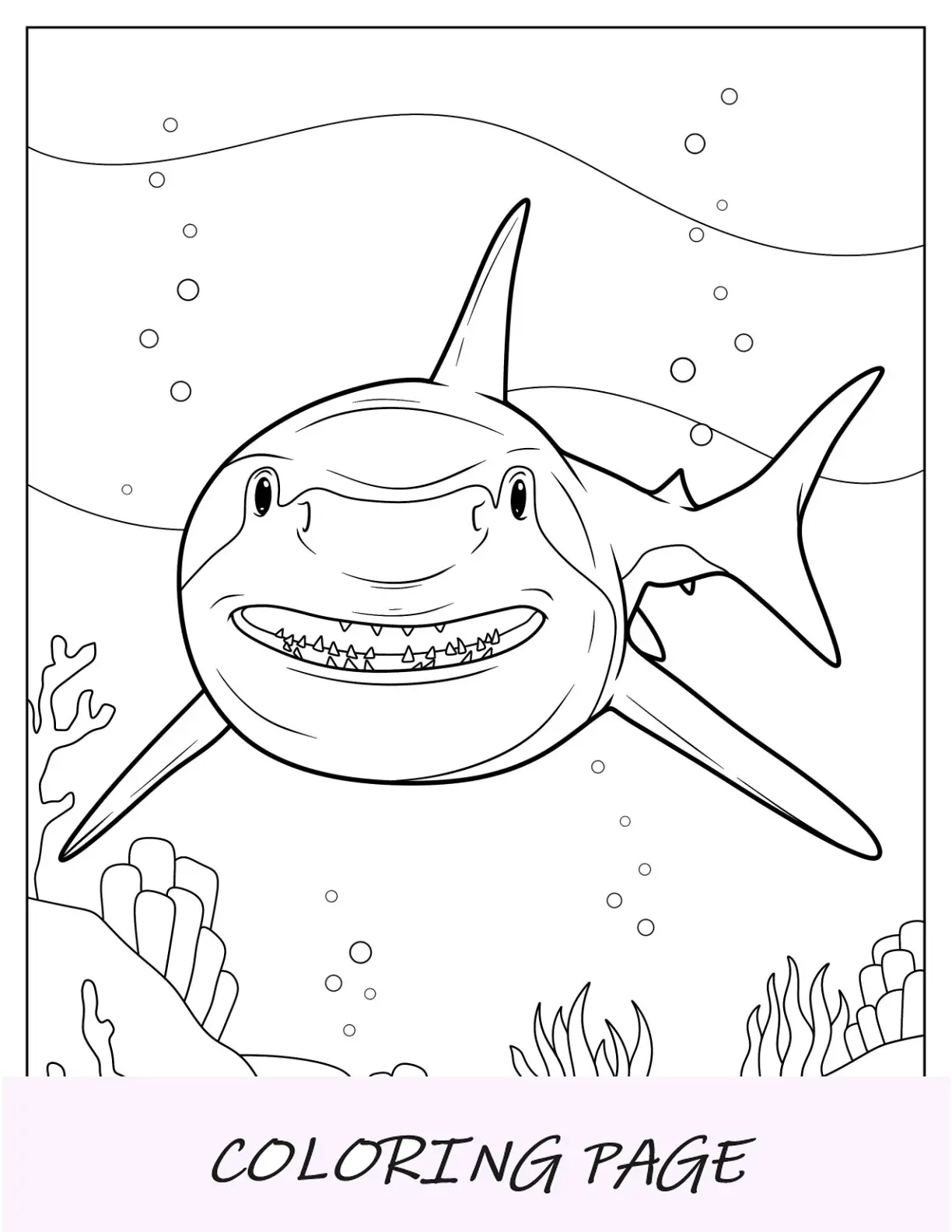 Primer plano de la página para colorear realista del gran tiburón blanco