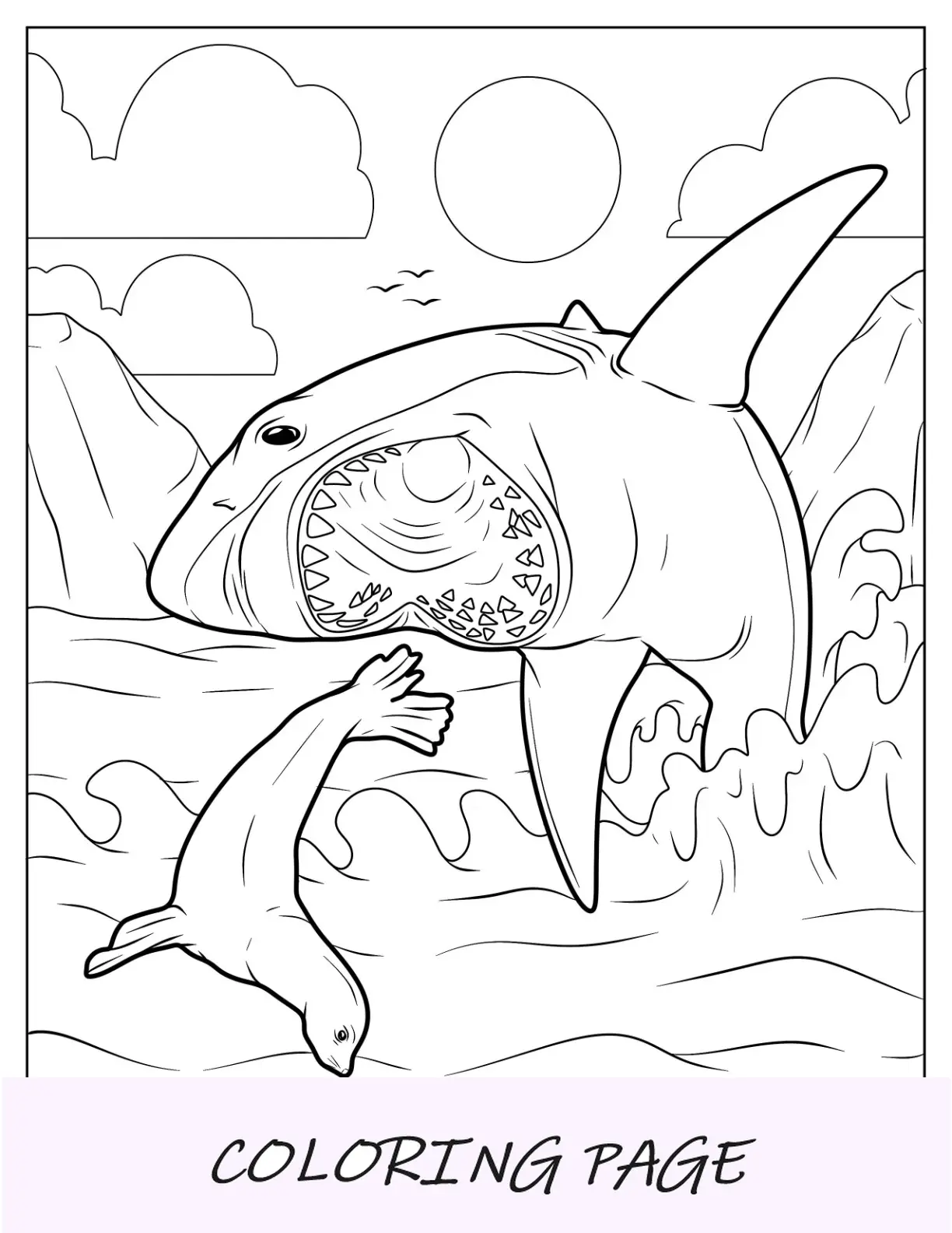 Página para colorear de tiburones persiguiendo focas en el océano