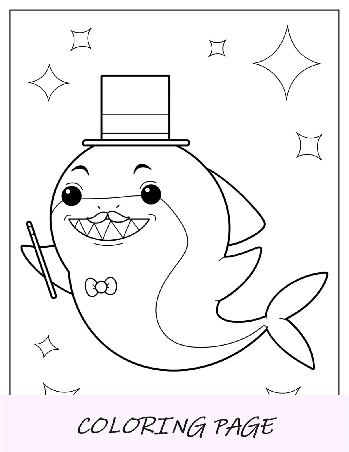 Linda página para colorear de tiburones con bigote, pajarita y sombrero