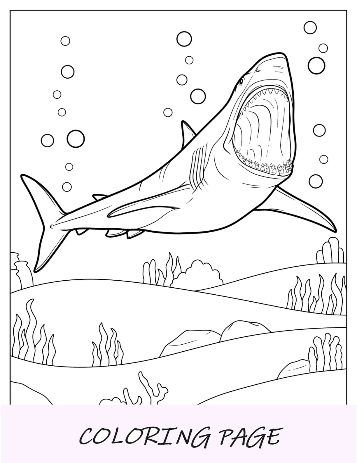 Página para colorear de tiburones del escalofriante Megalodon mostrando los dientes