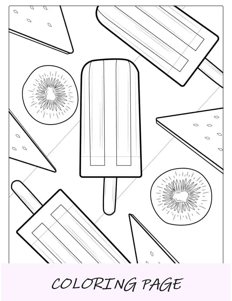 Página para colorear de polo de hielo de sandía y kiwi