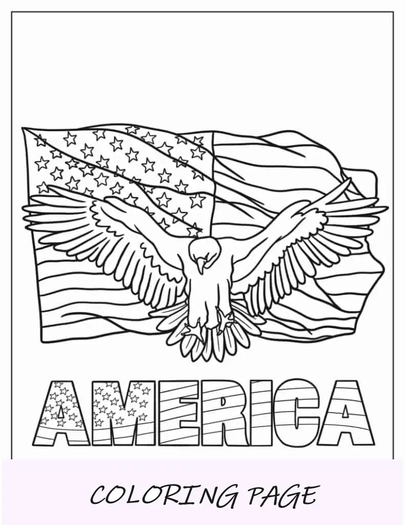 Pagina da colorare della bandiera americana con l'aquila