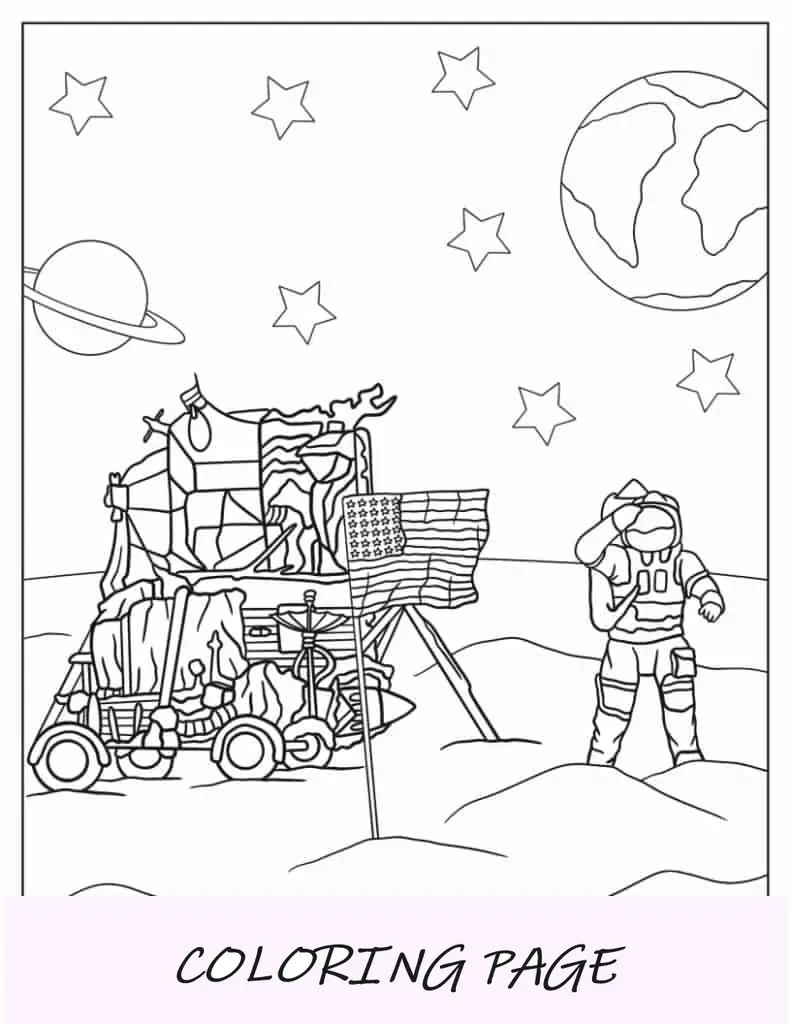 Foglio da colorare con bandiera americana nello spazio sulla Luna
