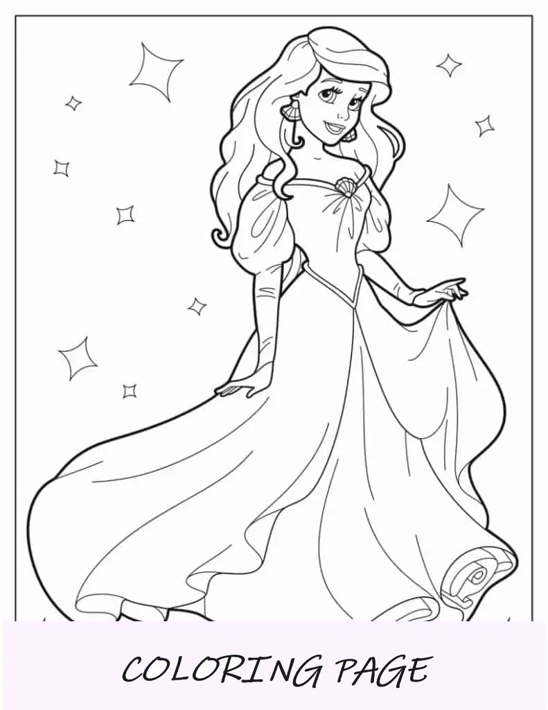Folha para colorir da linda Ariel em vestido