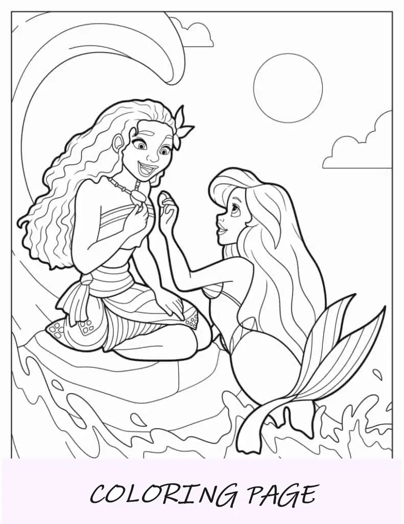Moana e Ariel no mar para colorir