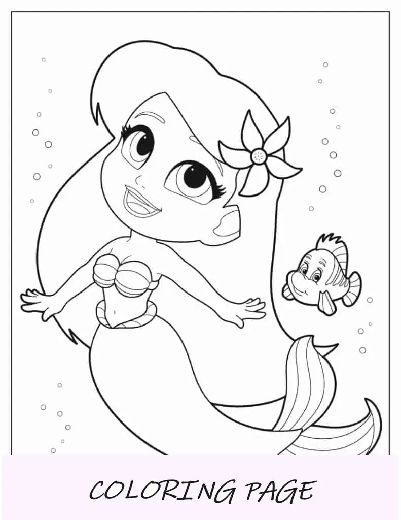 Kawaii Ariel para colorir para crianças em idade pré-escolar