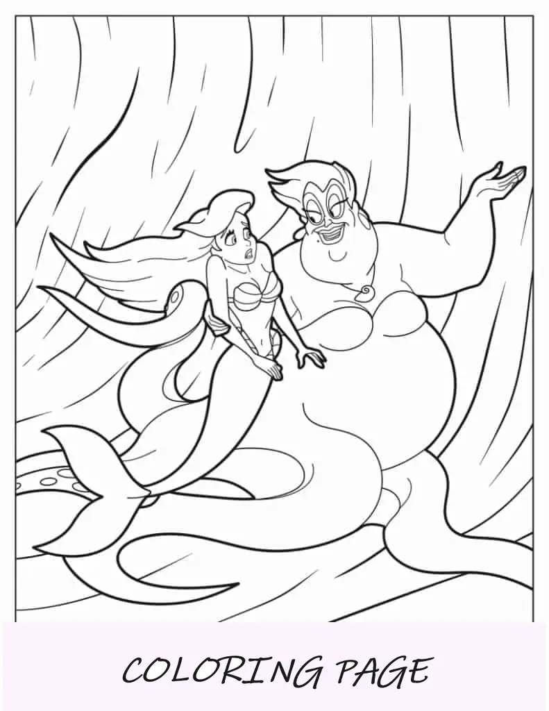 Folha para colorir de Ariel e Ursula